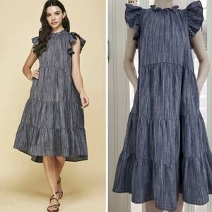 Pinch Navy Stripe Tiered Midi Dress with Ruffle Cap Sleeves